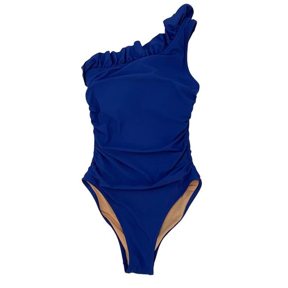 J. Crew 2024 2 Matte Ruffle One Shoulder One Piece Swimsuit  Harbor View Blue - Picture 5 of 10